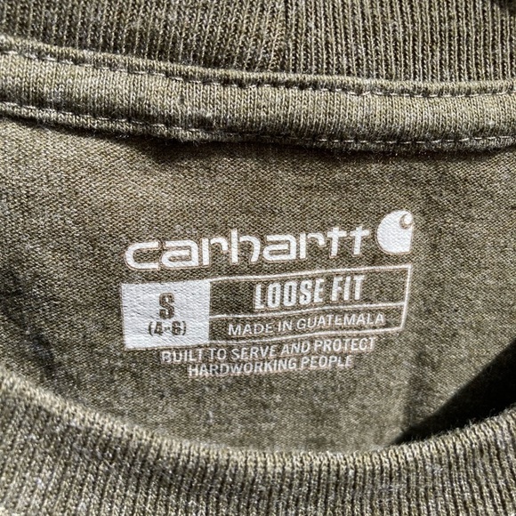 Women's Carhartt T-Shirt Green Spell-Out Cursive S Crew Cotton Pocket Cursive - Picture 12 of 12